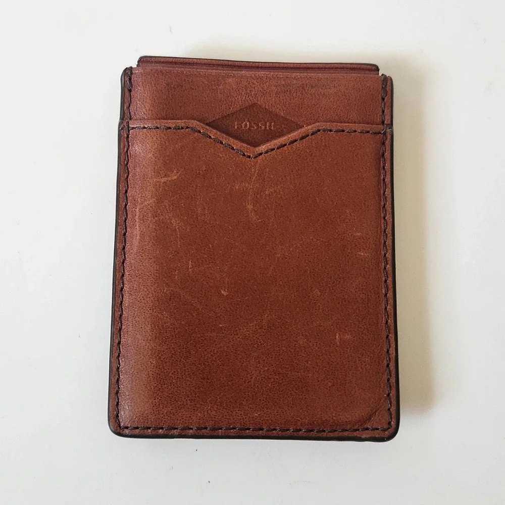Fossil Brooks Brown Leather Card Case Magnetic Money Clip Academia Heritage